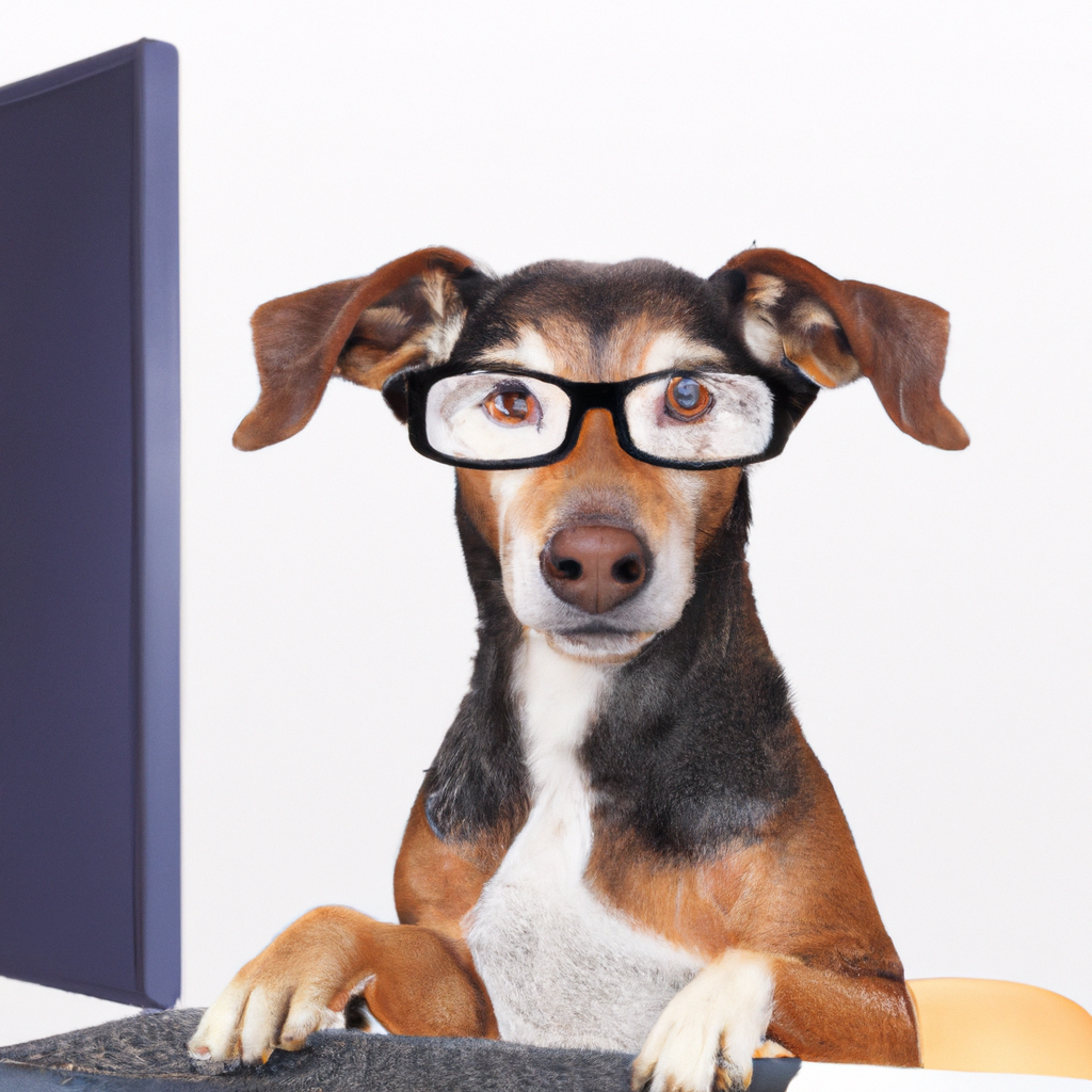 Ein Hund mit Brille, der eine Umfrage am Computer ausfüllt