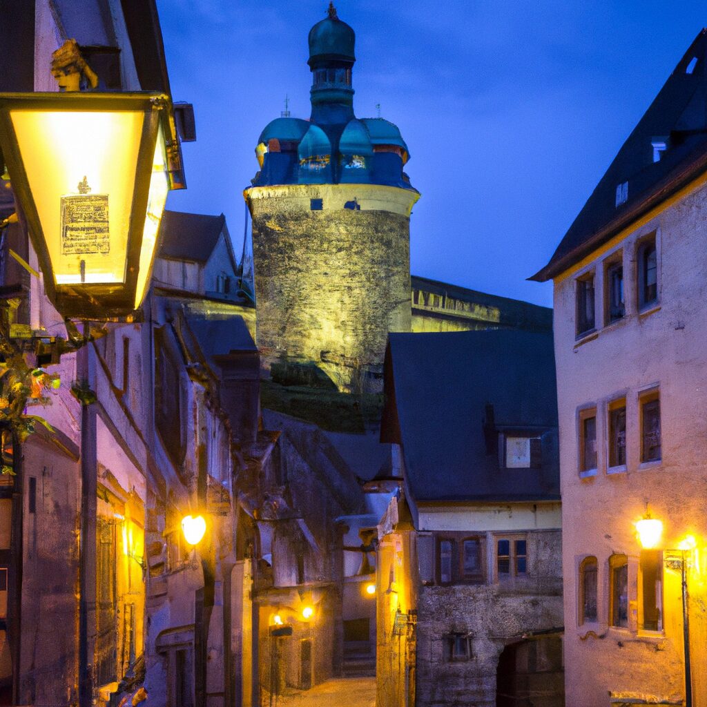 Nachtszene in einer beleuchteten Altstadt mit Turm.