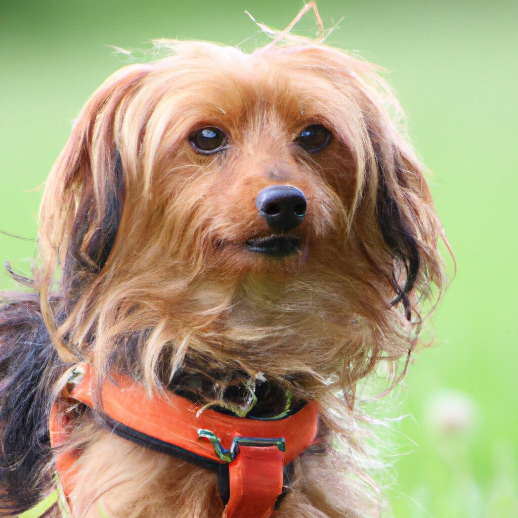 Hund mit braunem Fell im grünen Hintergrund.