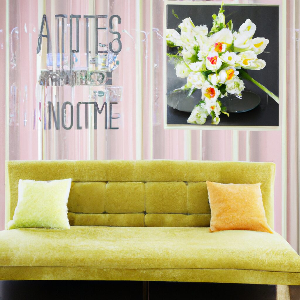 Gelbes Sofa mit Blumenbild an der Wand