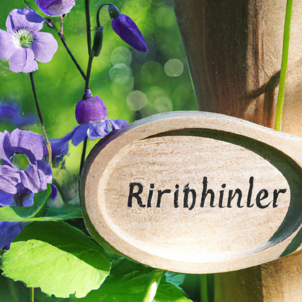 Lila Blumen neben Holzschild im Garten