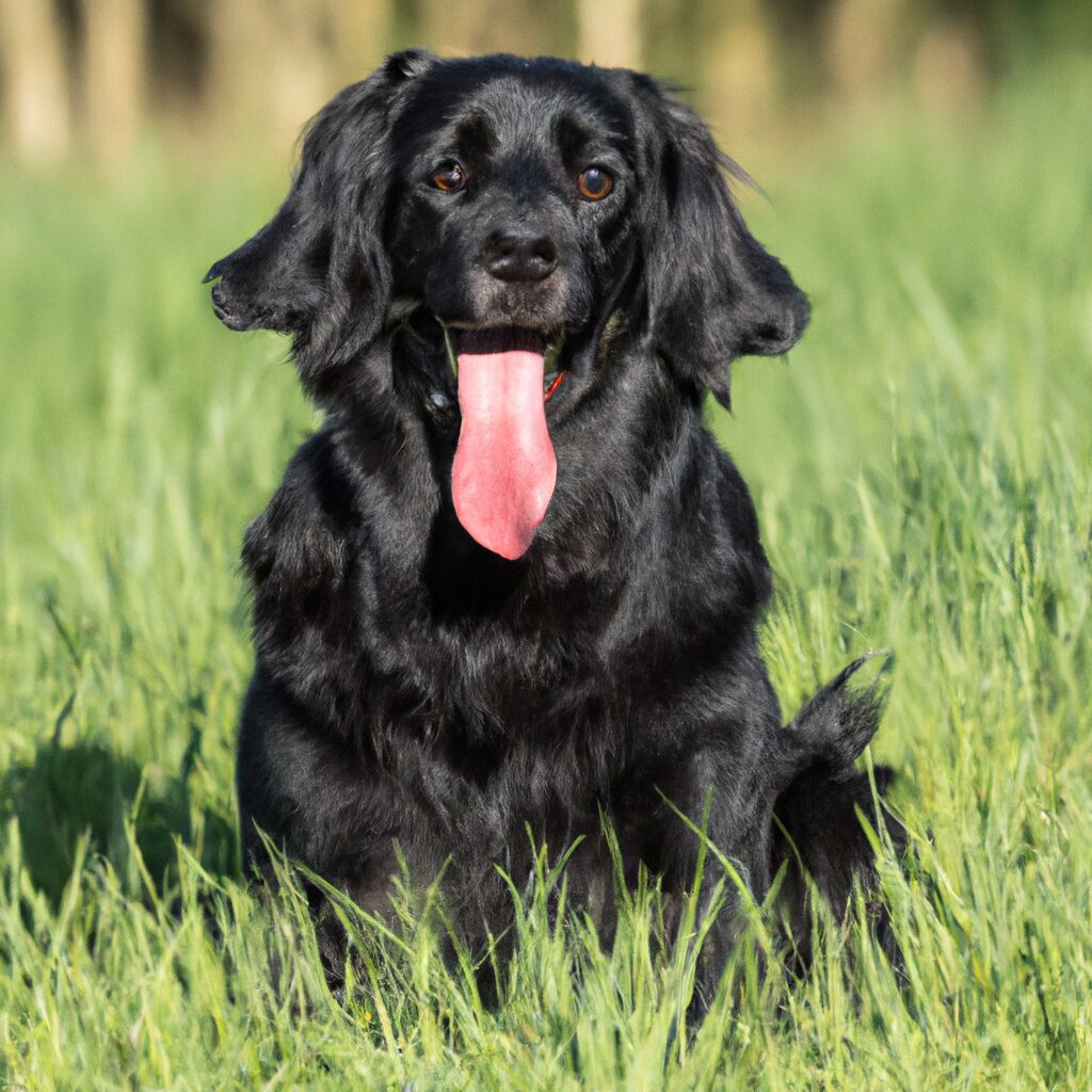 Schwarzer Hund im Gras mit langer Zunge