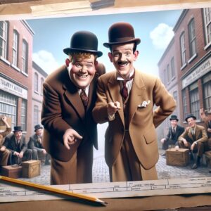 Create a document-like, photorealistic color photograph that pays homage to the iconic comedy duo: Laurel and Hardy. The scene should resemble an authentic everyday situation, including relevant elements that are associated with the comedy characters. The photograph should be taken at eye level using a 35mm perspective, medium depth of field ensuring clear details of the surrounding environment. The lighting should be natural with no staging or excessive editing involved. The image should not be a cartoon, an illustration, nor computer-generated imagery, and it should not include any text, logos, artificial light, effects, or image artifacts.