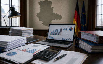 Schreibtisch mit Laptop, Akten und deutschen Flaggen