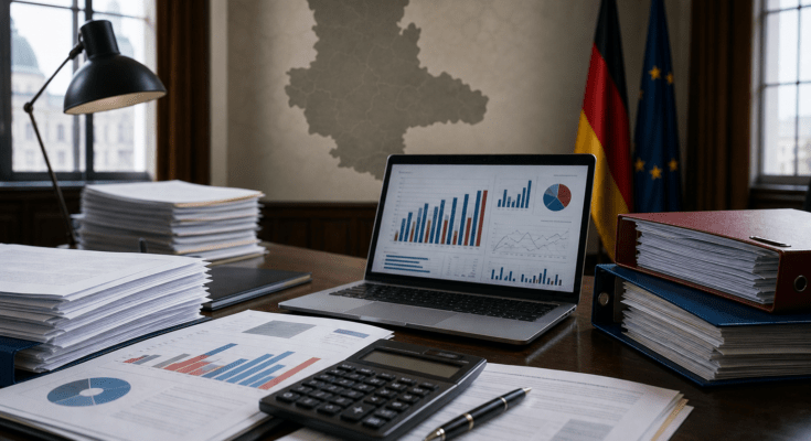 Schreibtisch mit Laptop, Akten und deutschen Flaggen