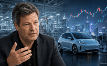 Robert Habeck vor einer Autofabrik mit Elektroauto, Ladestationen und asiatischer Metropole als Symbol für seine frühen Warnungen vor chinesischer Konkurrenz.
