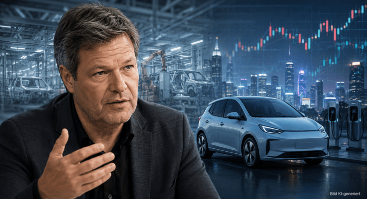 Robert Habeck vor einer Autofabrik mit Elektroauto, Ladestationen und asiatischer Metropole als Symbol für seine frühen Warnungen vor chinesischer Konkurrenz.