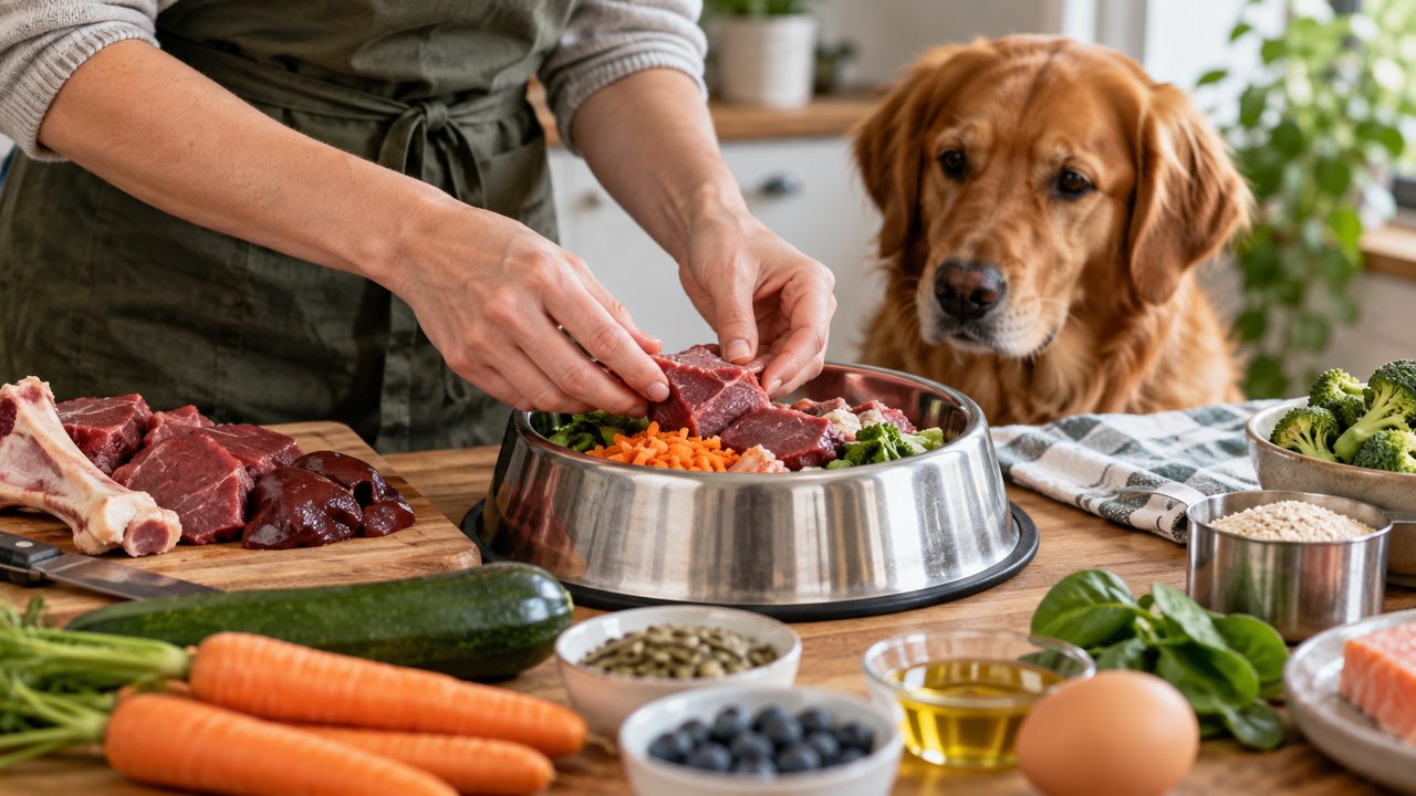 BARF-Mahlzeit für einen Hund wird aus Fleisch, Gemüse und abgemessenen Zutaten zusammengestellt