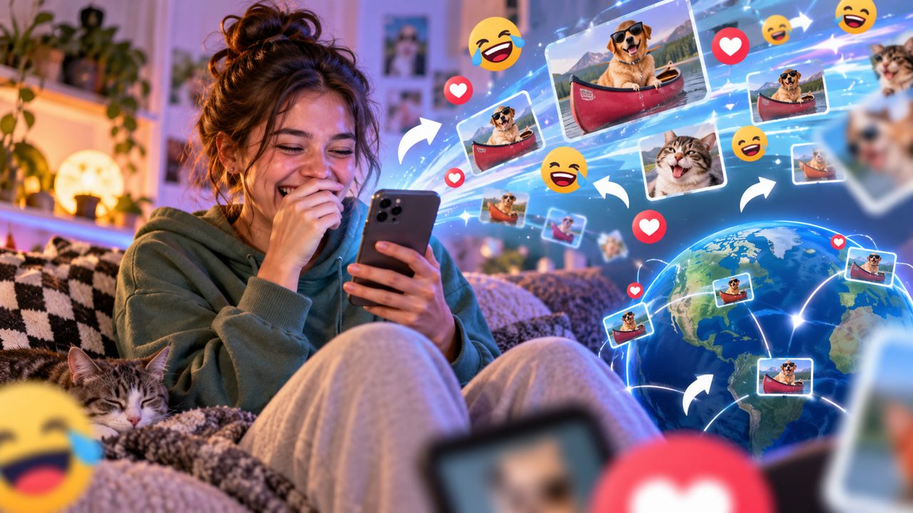 Junge Frau lacht über ein virales Meme auf ihrem Smartphone
