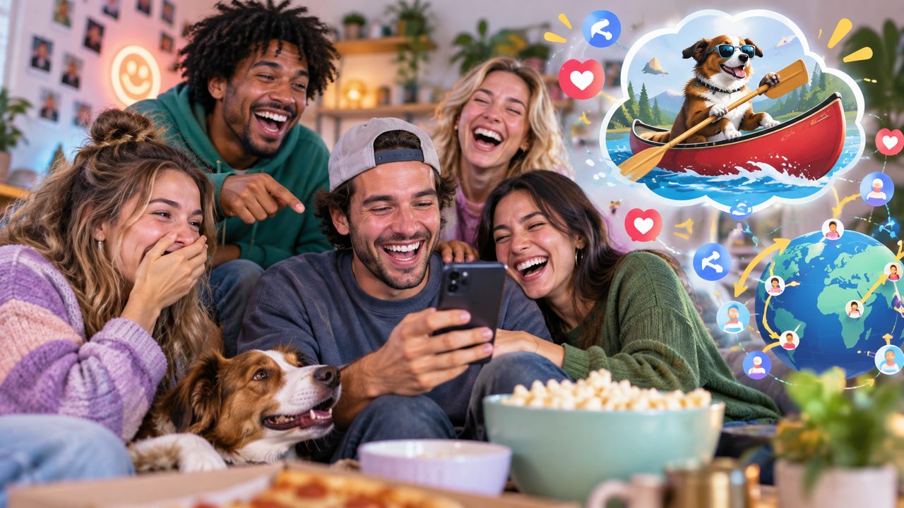 Freunde lachen gemeinsam über ein virales Hunde-Meme auf einem Smartphone