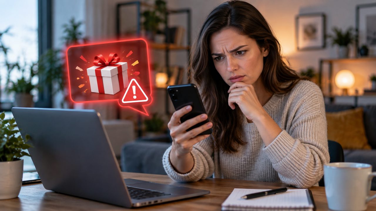 Frau betrachtet skeptisch eine verdächtige Gewinnbenachrichtigung auf ihrem Smartphone