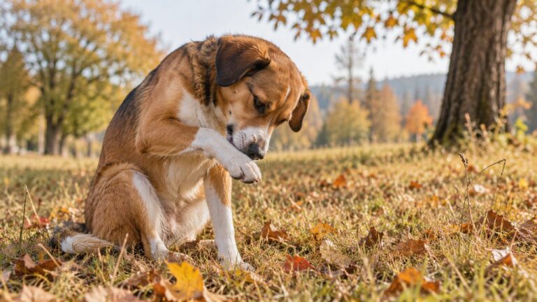 Hund sitzt im herbstlichen Gras und knabbert wegen Juckreiz an seiner Pfote