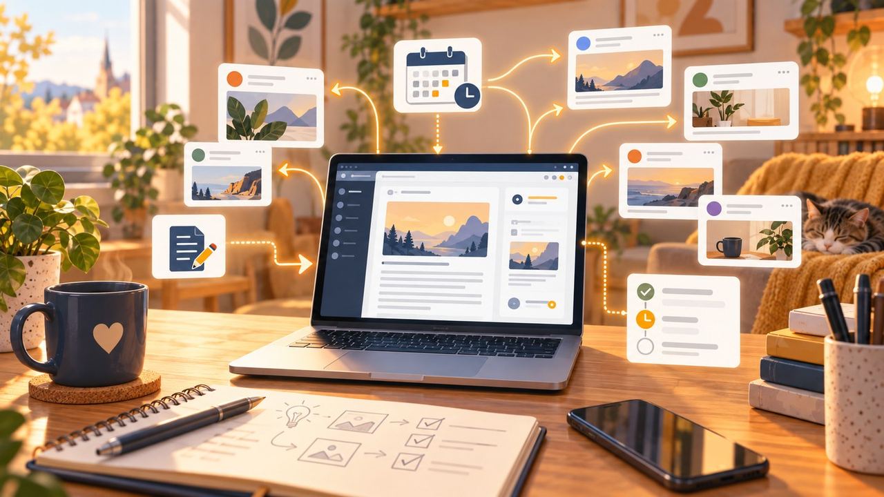 Illustration eines WordPress-Beitrags, der automatisch auf mehrere Social-Media-Kanäle verteilt wird