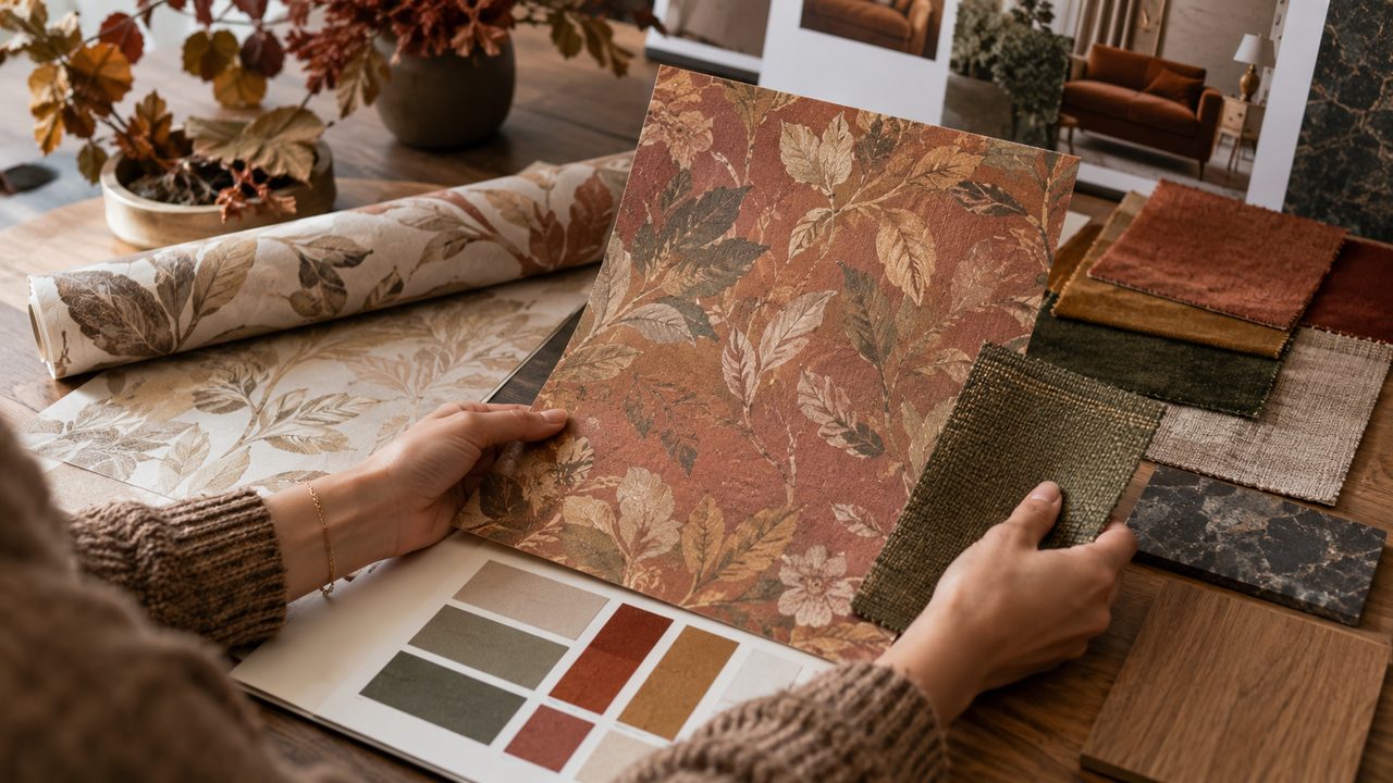 Hände vergleichen florale Tapetenmuster mit Stoffen und Farbtönen in Terrakotta und Olive