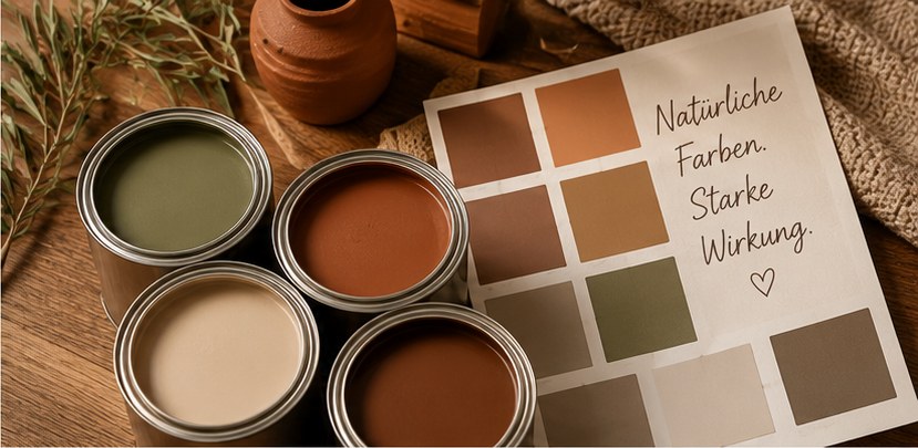 Farbpalette mit Olive, Terrakotta, Braun und warmem Beige