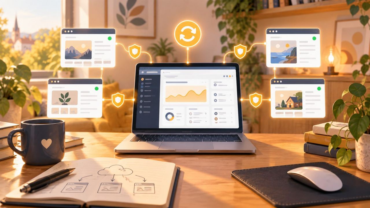 Illustration eines sicheren Verbindungs-Hubs zwischen mehreren WordPress-Websites