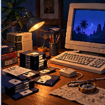 Pixel-Art-Illustration eines alten Computers mit Röhrenmonitor und Disketten