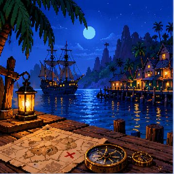 Pixel-Art-Illustration eines nächtlichen Piratenhafens und einer Schatzkarte