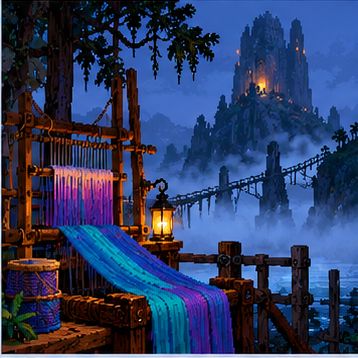 Pixel-Art-Illustration eines Webstuhls in einer nebligen Fantasywelt