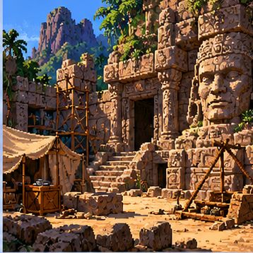 Pixel-Art-Illustration eines alten Tempels bei Sonnenlicht