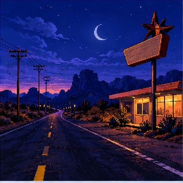 Pixel-Art-Illustration einer einsamen amerikanischen Landstraße