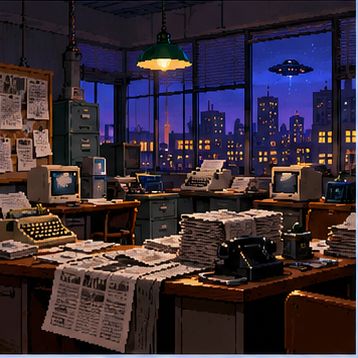 Pixel-Art-Illustration eines alten Büros mit Papierstapeln und Computern