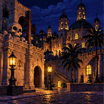 Pixel-Art-Illustration einer dunklen alten Stadt mit warmen Lichtern