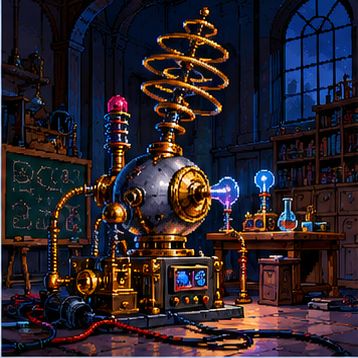 Pixel-Art-Illustration einer fantasievollen Zeitmaschine im Labor