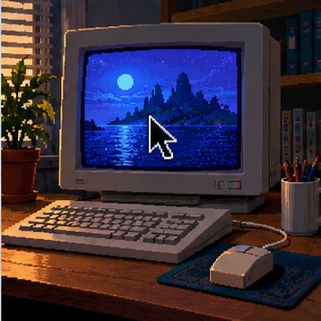 Pixel-Art-Illustration eines klassischen PCs mit Adventure-Spielszene