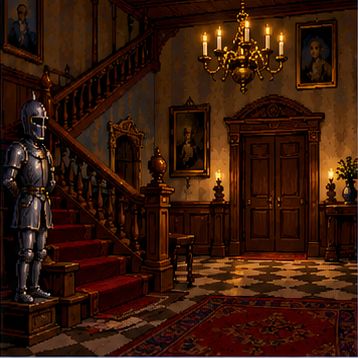 Pixel-Art-Illustration eines alten Herrenhauses mit Treppe