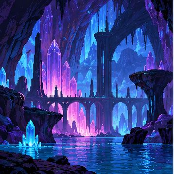 Pixel-Art-Illustration einer außerirdischen Kristallhöhle