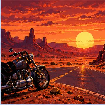 Pixel-Art-Illustration eines Motorrads an einer Wüstenstraße