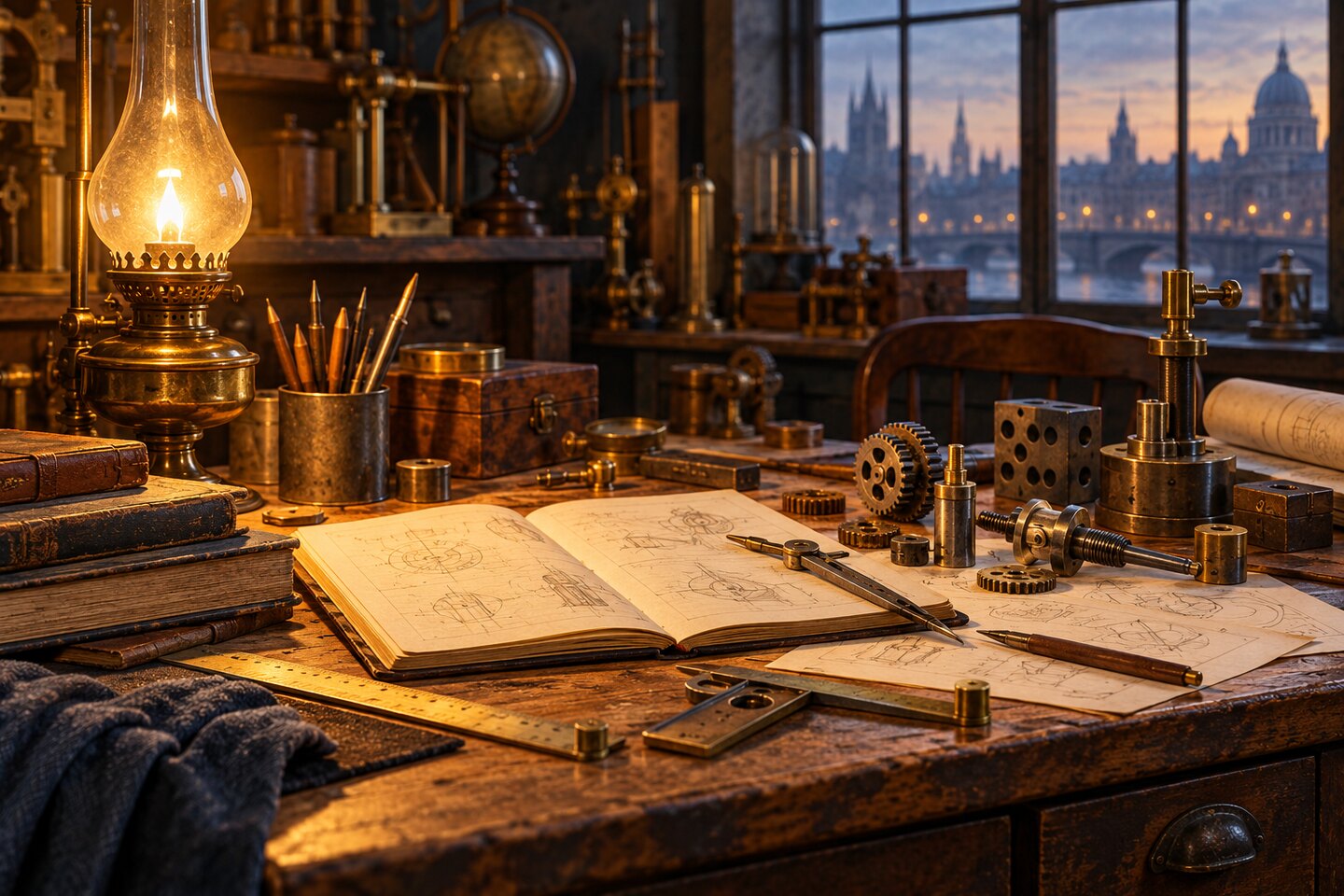 Stimmungsvoller Arbeitsplatz mit historischen Werkzeugen und Skizzen für Erfinder