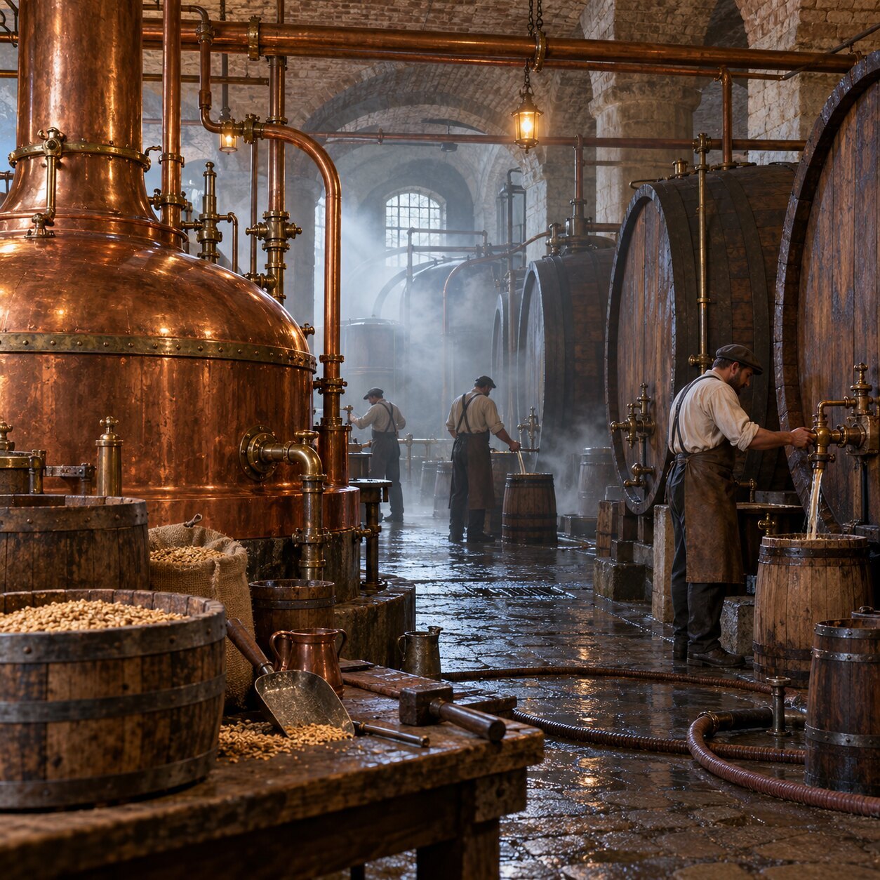 Historischer Innenraum einer Brauerei mit Kupferkesseln und Rohrleitungen