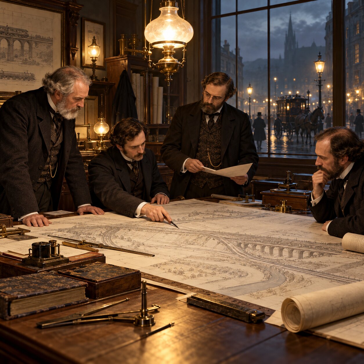 Ingenieure betrachten einen historischen Eisenbahnplan