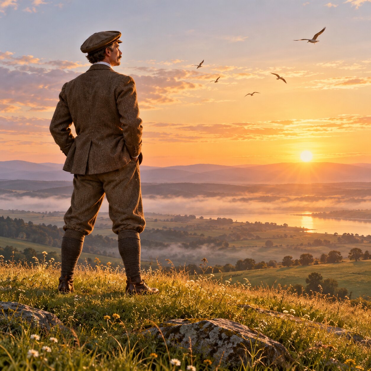 Luftfahrtpionier blickt von einem Hügel in die Landschaft
