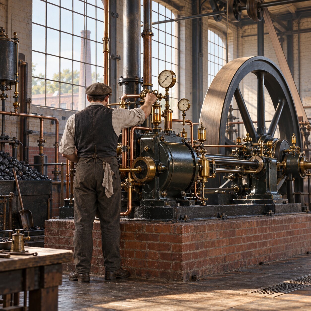 Mechaniker prüft eine stationäre Verbrennungsmaschine in einer historischen Werkhalle