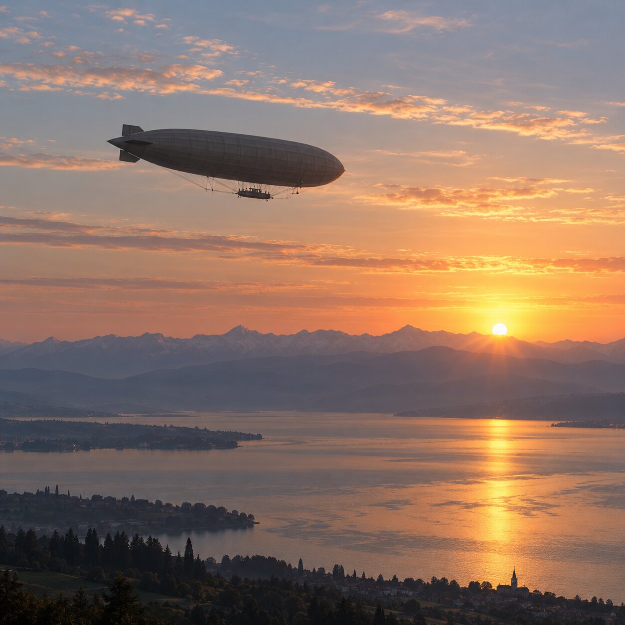 Historisches Luftschiff schwebt bei Sonnenaufgang über dem Bodensee
