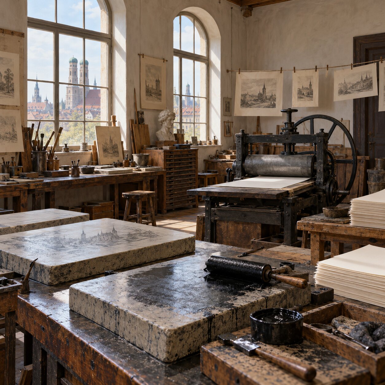 Historische Druckwerkstatt mit Lithografiepresse und Papier