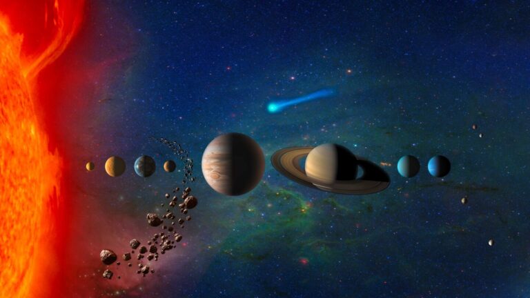 Künstlerische Darstellung unseres Sonnensystems mit Sonne und verschiedenen Himmelskörpern